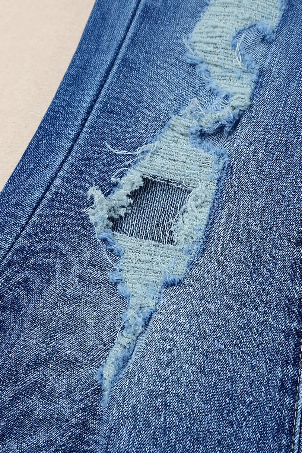 Sky Blue Distressed Raw Hem High Waist Flare Jeans