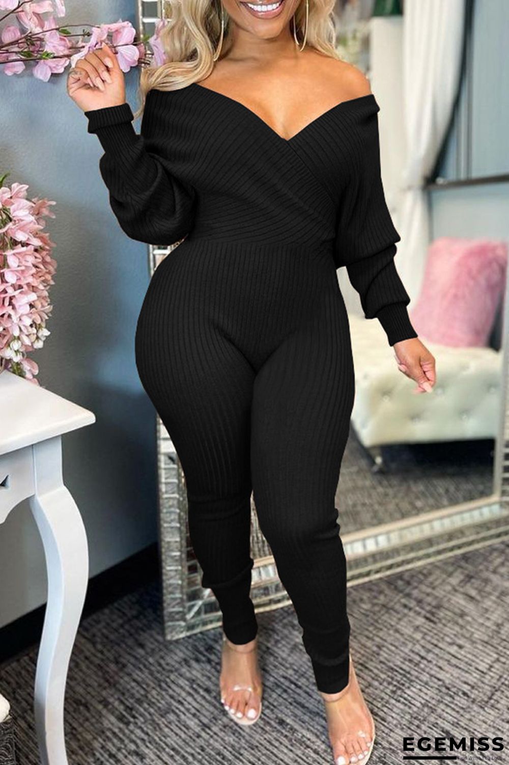 Black Fashion Casual Solid Patchwork V Neck Regular Jumpsuits | EGEMISS