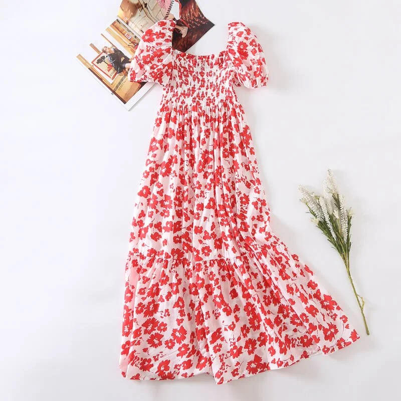 Aachoae Summer Vintage Floral Printed Midi Dress Women Puff Short Sleeve Square Collar Dresses Female Elegant A Line Sundress