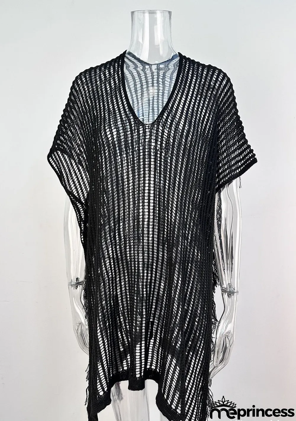 Summer Maxi V-neck Hollow Tassel Beach Suit Holidays Shirt Beach Sun Shield