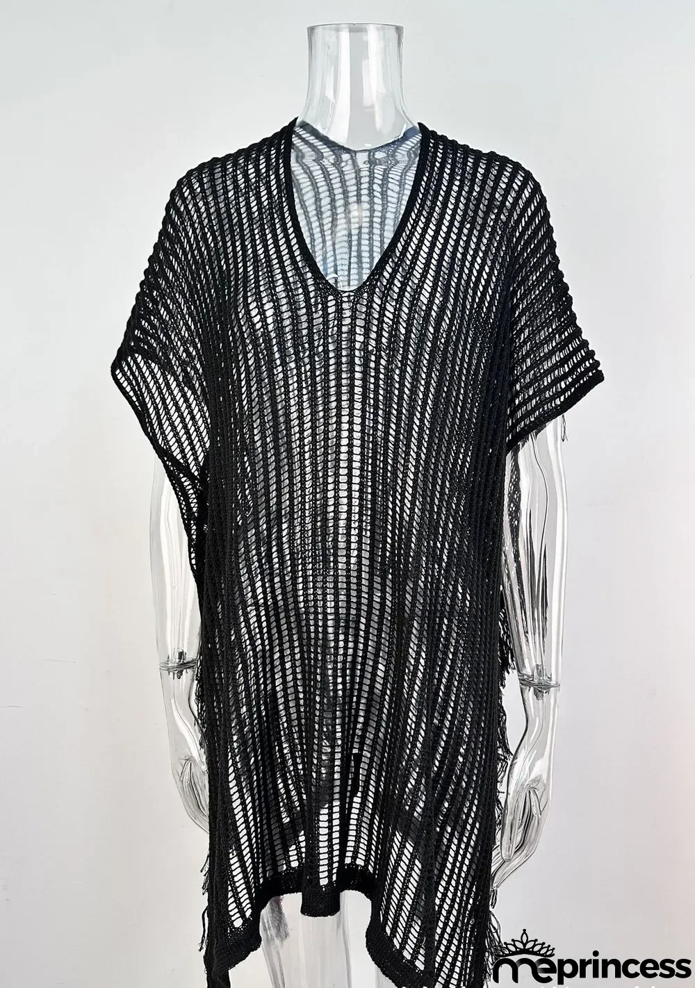 Summer Maxi V-neck Hollow Tassel Beach Suit Holidays Shirt Beach Sun Shield