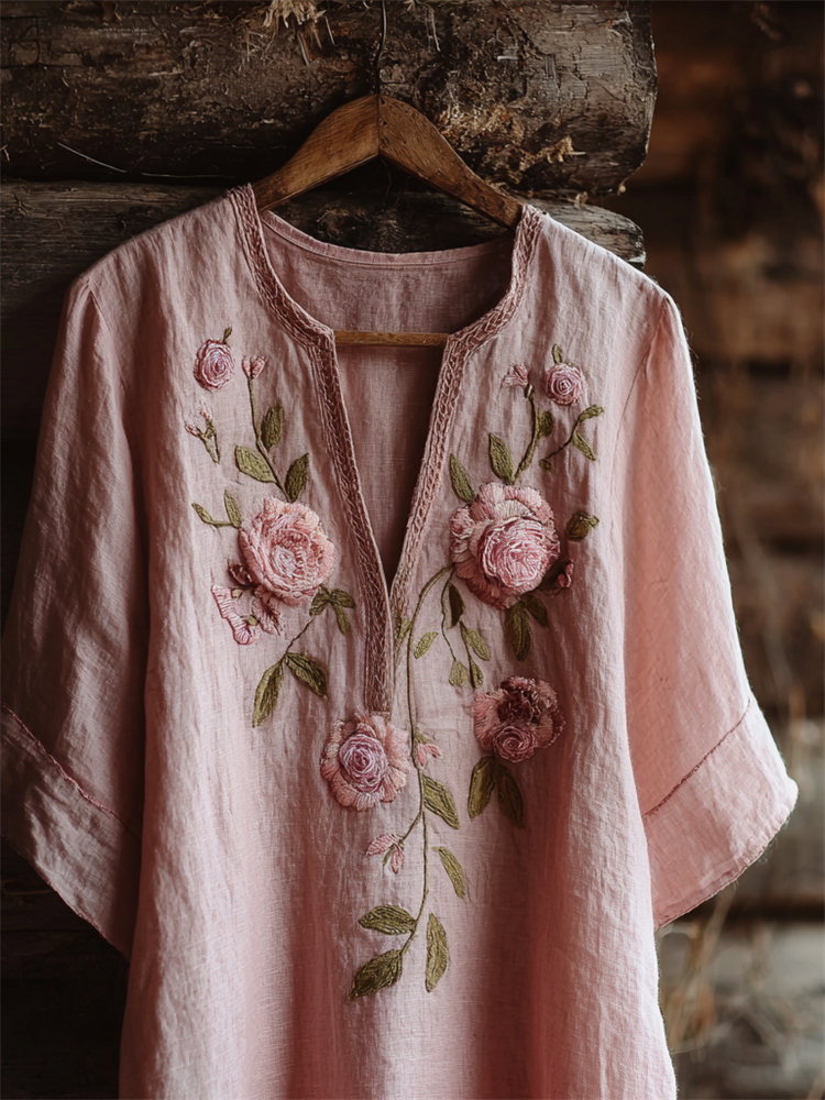 Vintage Pink Roses Notch Neck Linen Tunic elevenforest