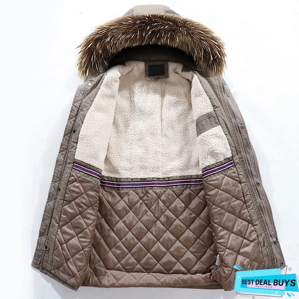Men Long Casual Thick Warm Fleece Jacket Parkas Men Outfit Fashion Fur Collar Hooded 100% Cotton Coat Parkas