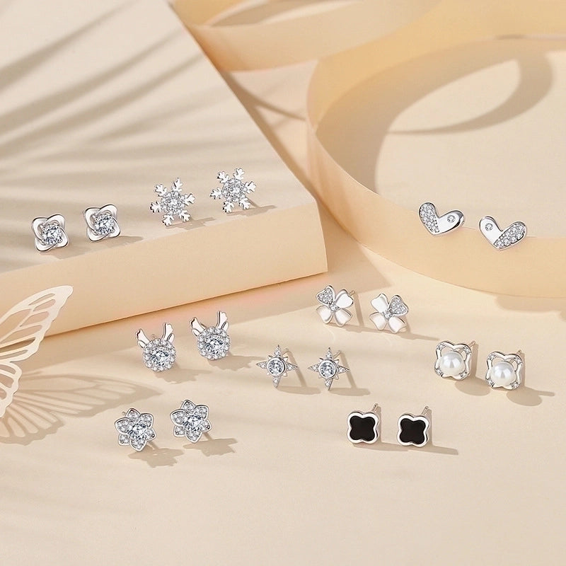 1 Pair Minimalist Heart Shape Flower Inlay Sterling Silver Zircon Ear Studs