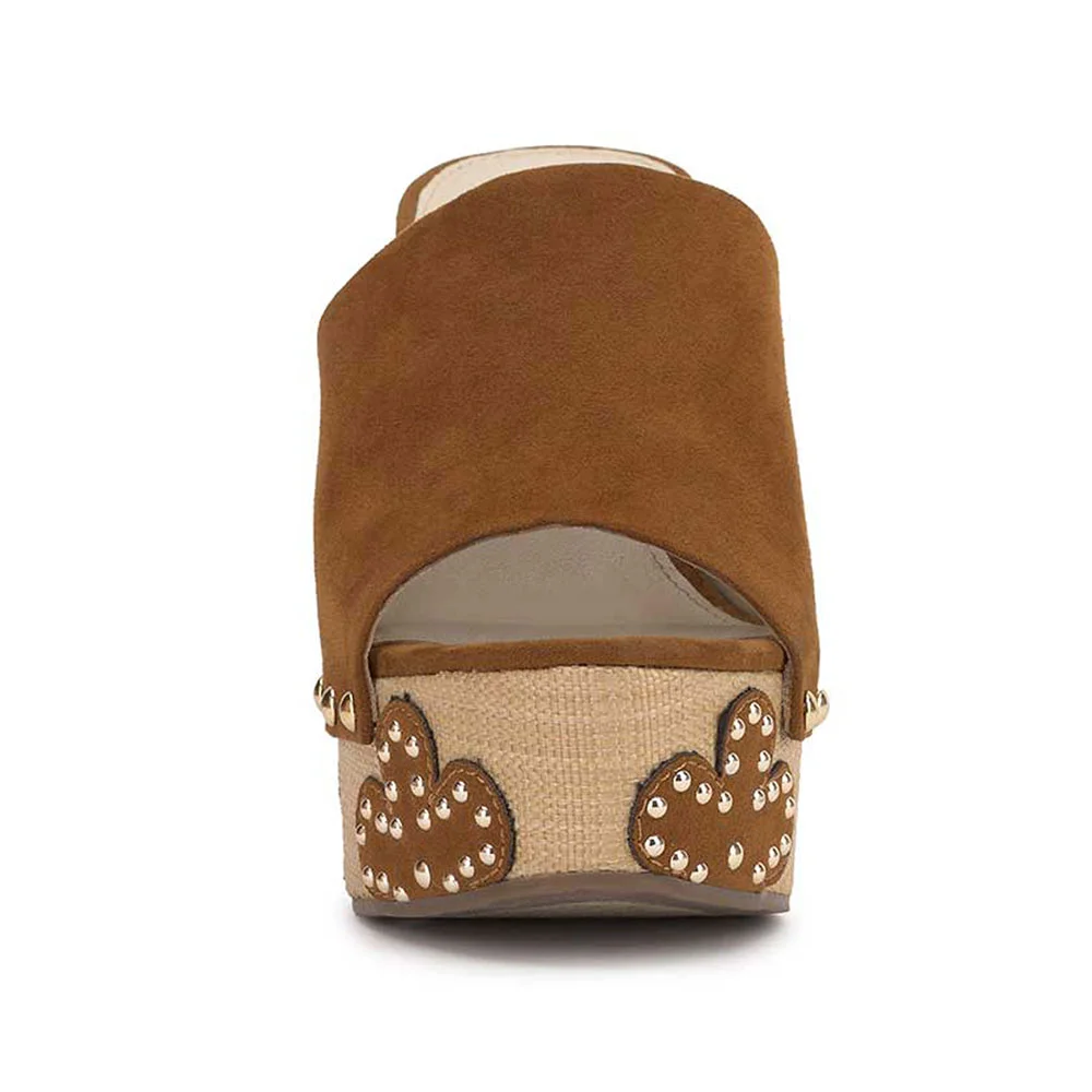 Brown Vegan Suede Open-Toe Studded Chunky Heel Floral Platform Mules