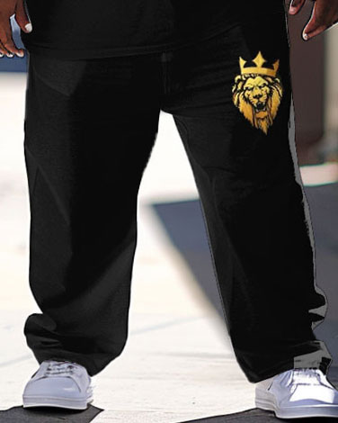 Men's Large Simple Lion Head Printed T-Shirt Pants Set