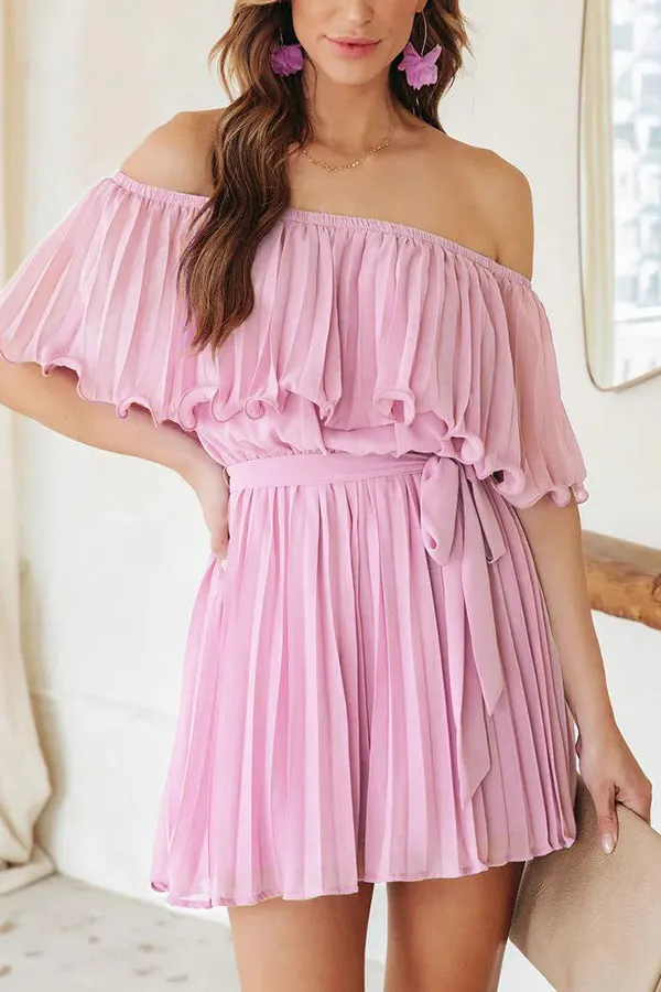 First Lady Pleated Off The Shoulder Belt Romper