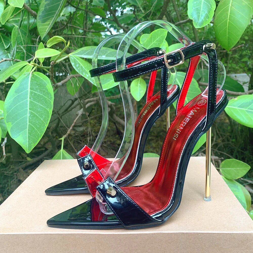 Women Metal High Heels 12cm Black Sandals Stilettos Pointy Toe Metal Heels Model Chic Drag Queen SM Man Unisex Shoes Size46