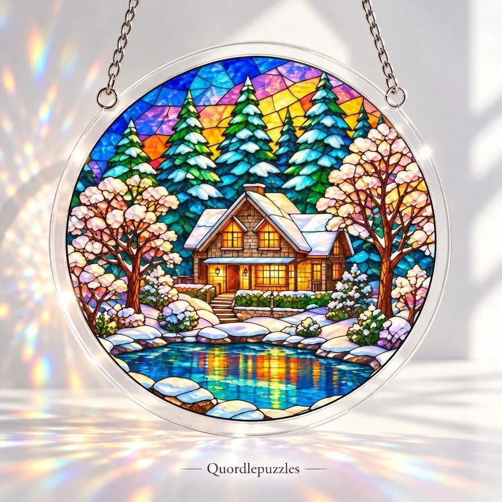 Winter Cabin Stained Glass Suncatcher Puzzle