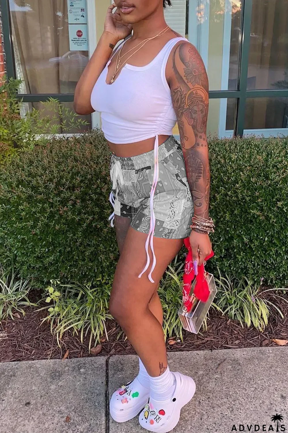 Grey Sexy Print Ripped Contrast Spaghetti Strap Sleeveless Two Pieces