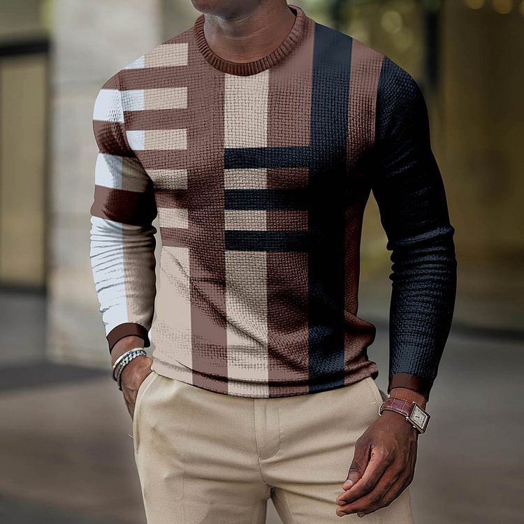 LONG SLEEVE FASHION CONTRAST COLOR ROUND NECK MEN'S TOP