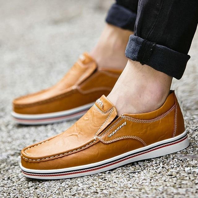 Leather Boat Shoes Casual Flats Moccasins Homme Driving Loafers Shoes Slip On Shoes - VSMEE