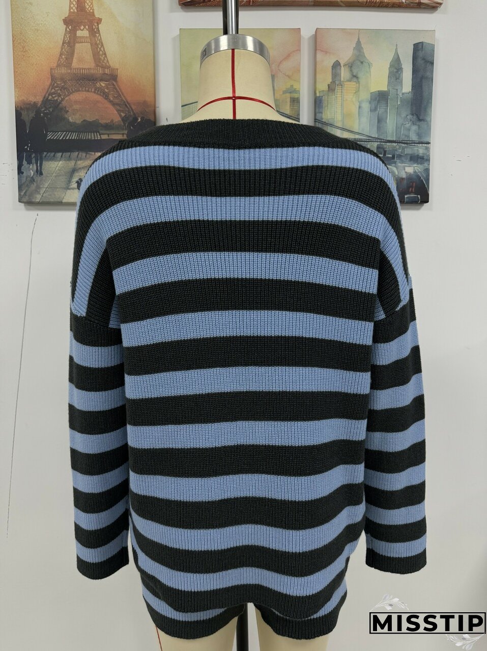 Women Stripe Patchwork Round Neck Casual Knitting Sweater and Shorts Two-piece Set