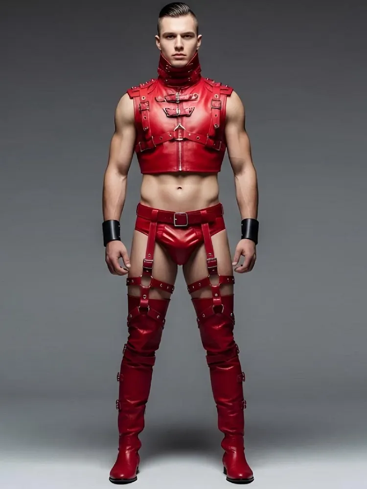 pornhint Pornhint Men's Red Leather Fetish Harness Set - Strappy Zip Up Vest - Open Back Chaps - Thong Brief And Leg Garter Straps - Erotic Clubwear Costume male bdsm wear