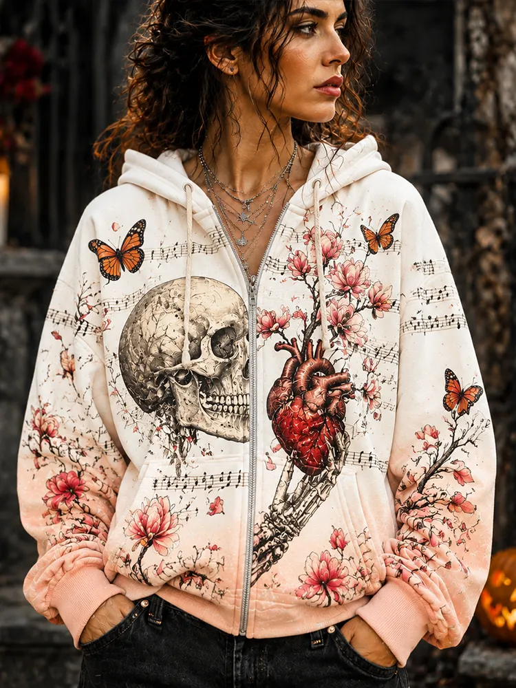 Women's Full-zip Hoodie With Gothic Anatomical Heart, Skull, And Floral Music Notes Print