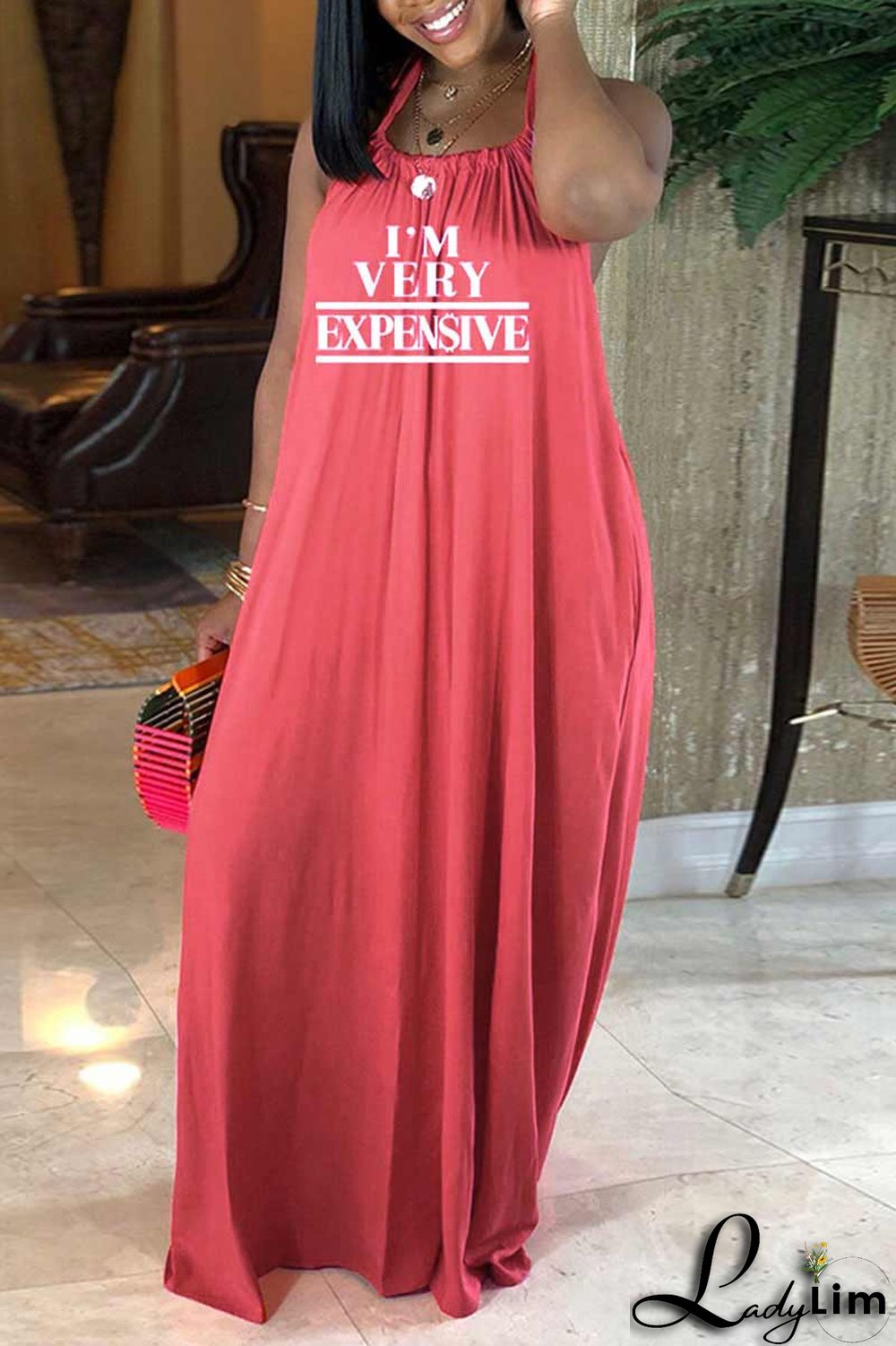 Black Sexy Print Split Joint Backless Halter Straight Dresses