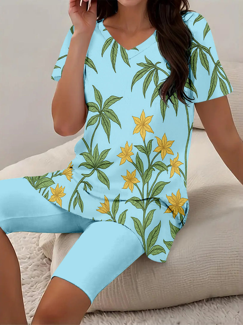 Women Long Sleeve V-neck Graphic Floral Printed Top