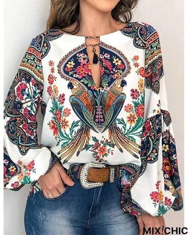 Women's Blouse Shirt Floral Flower Long Sleeve Lace Up Print Round Neck Tops Basic Top White Yellow Orange-0203813