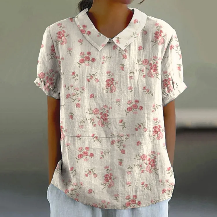 Vintage Floral Print Lapel Short Sleeve Blouse