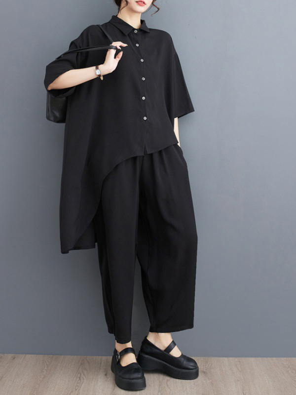 Asymmetrical Button Up Shirt And Pants Two-Piece Set