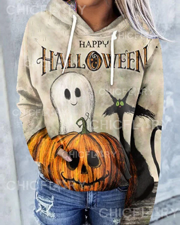 Women's Halloween Print Hooded Long Sleeve Sweatshirt