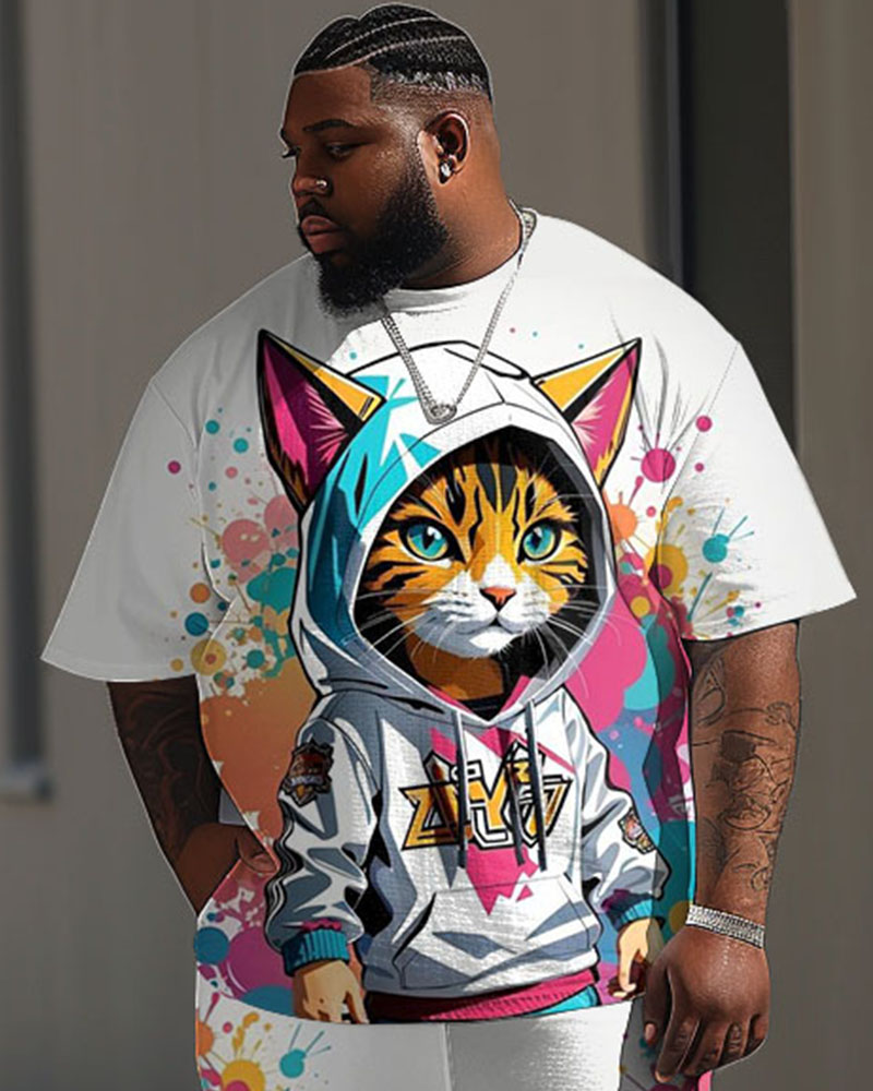 Men's Plus Size Street Fashion Graffiti Cat Print T-Shirt Trousers Suit