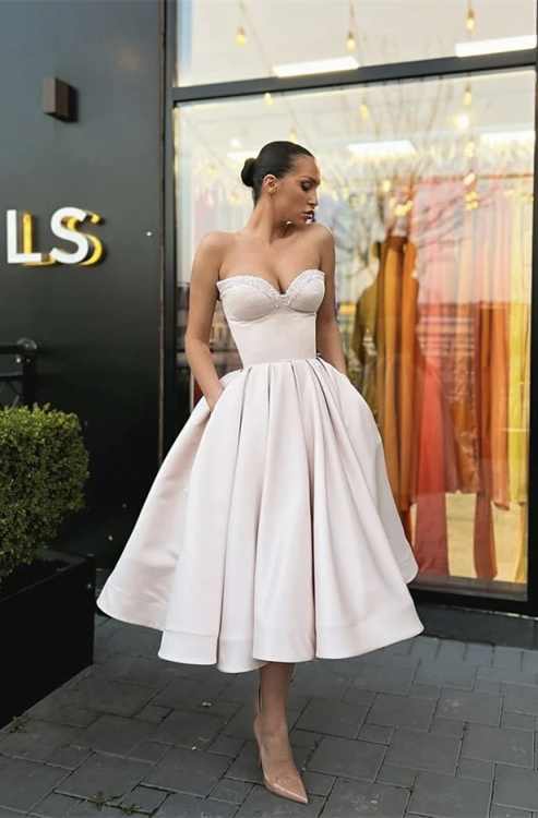 Oknass Strapless Sweetheart Sleeveless A Line Prom Dress With Pockets