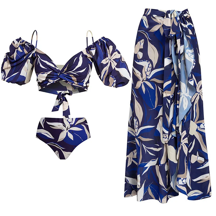 V Neck Sling Printed Short Sleeve Bikin Swimsuit and Sarong