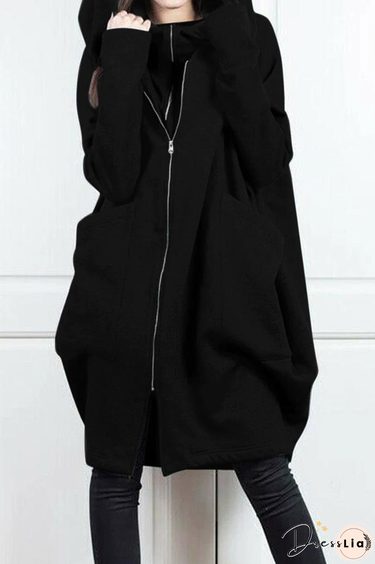 Hooded Pocket Zipper Mid-Length Cardigan