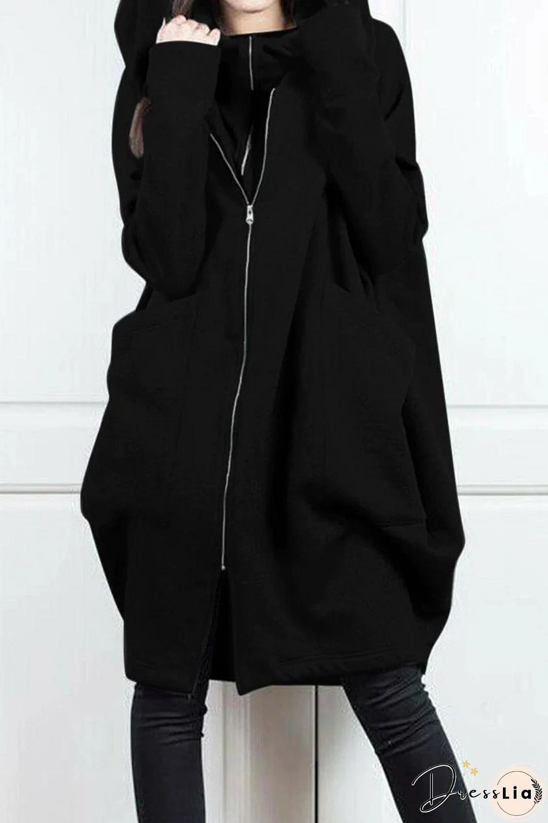 Hooded Pocket Zipper Mid-Length Cardigan