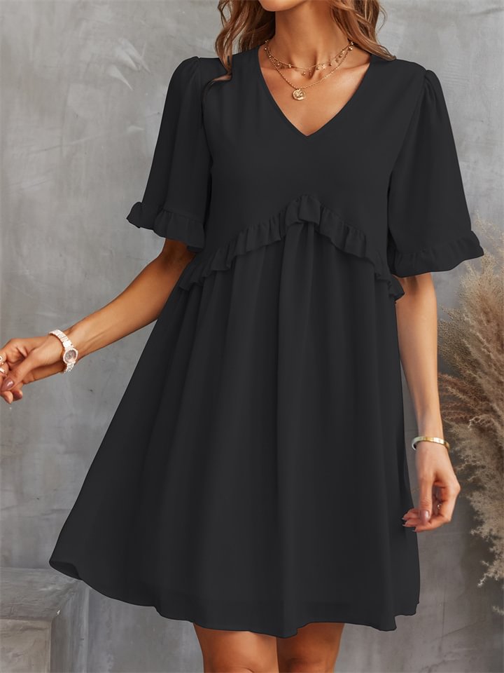 Chiffon Dress Women's Fashion V-neck Loose Slim Skirt Black Dresses | EGEMISS