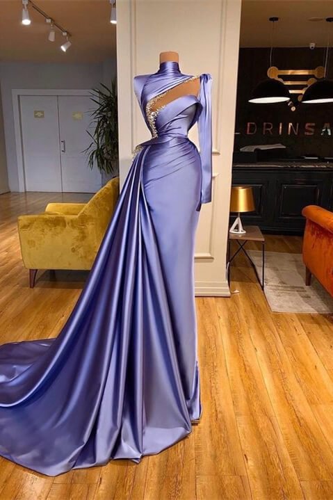 High Neck Long Sleeves Mermaid Prom Dress Beadings With Ruffles  PD0689