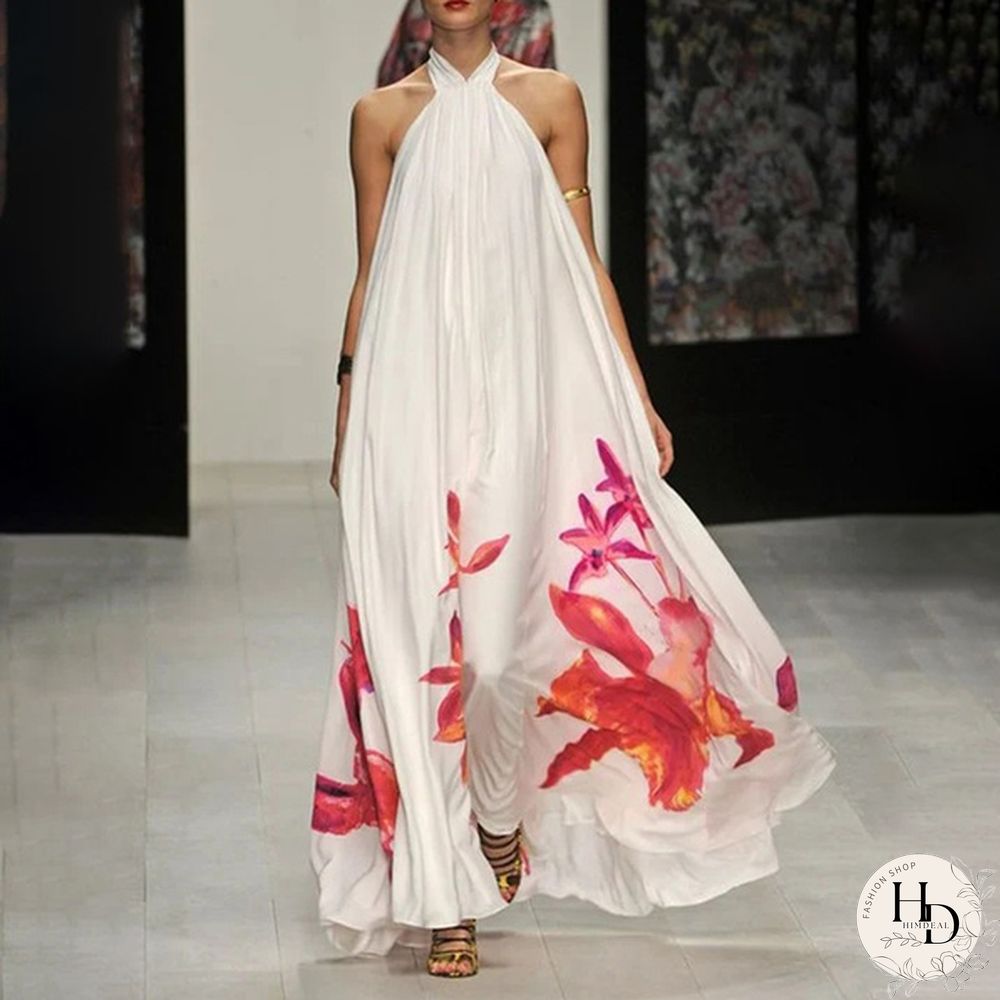 Summer Party Evening Sundress Women Floral Halter Backless Long Dress Casual Baggy