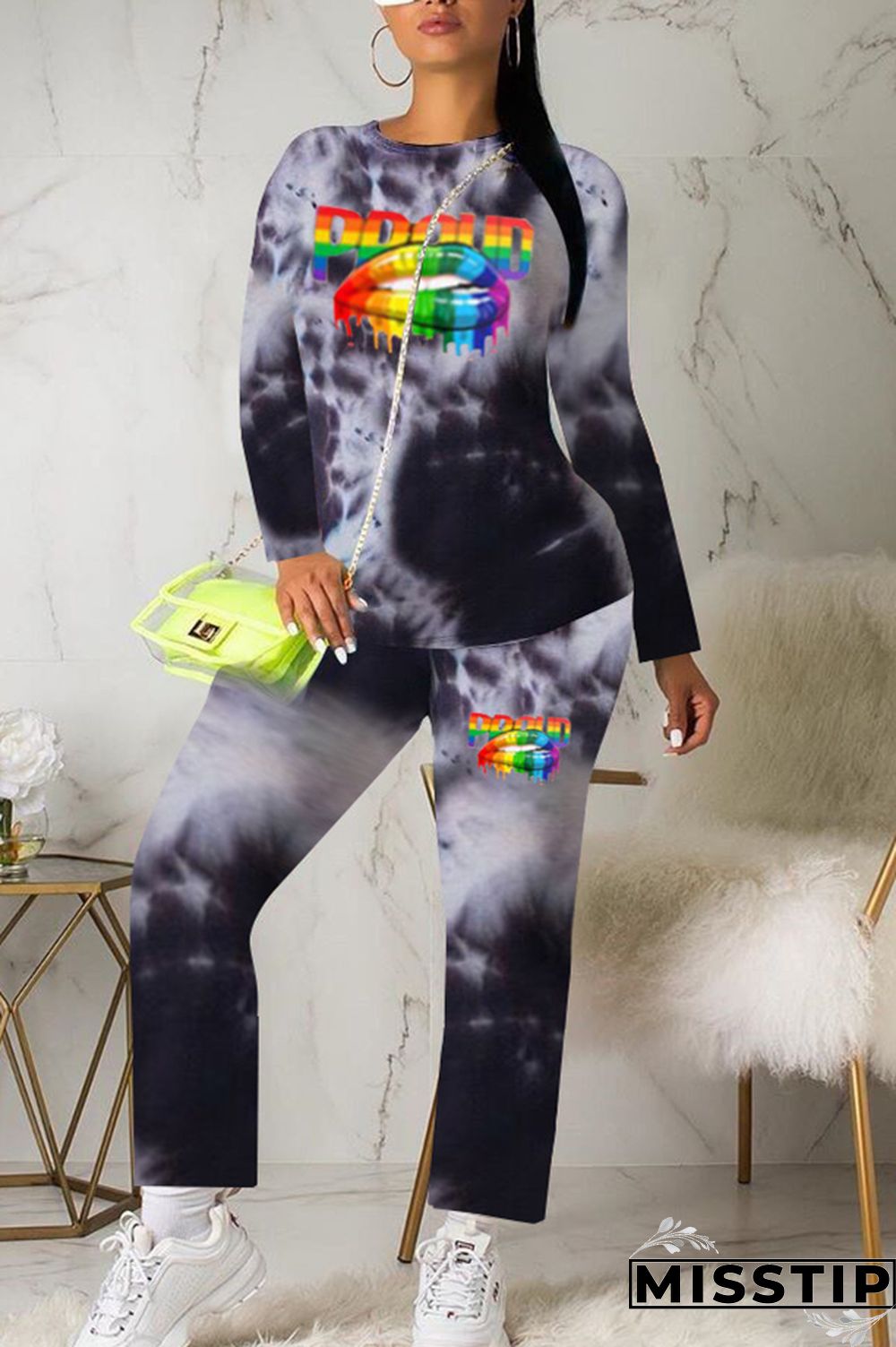 Orange Active Print Straight Long Sleeve Two-piece Pants Set