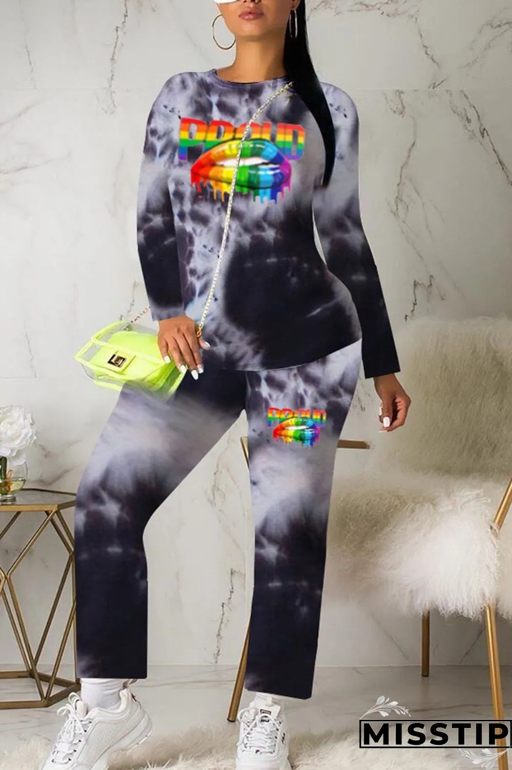 Orange Active Print Straight Long Sleeve Two-piece Pants Set