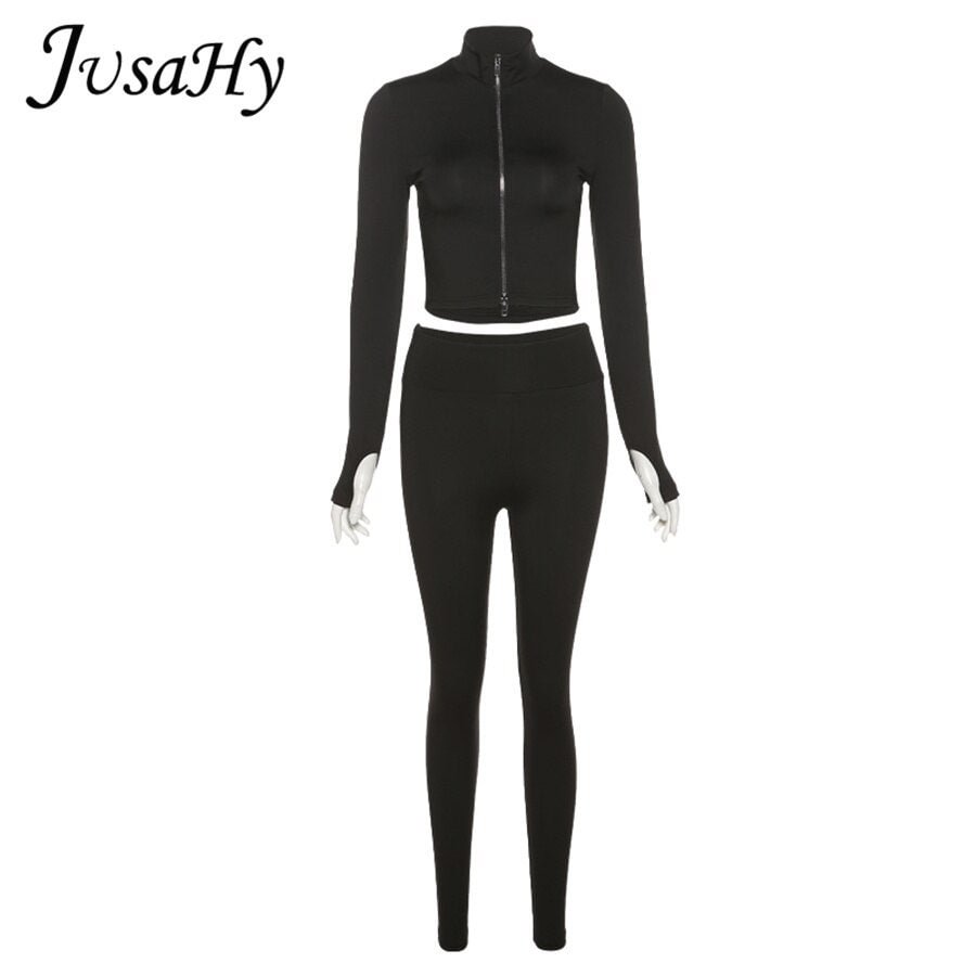 JuSaHy Active Outwear Solid Two Pieces Sets for Women Zipper Jacket+High Waist Pants Body-Shaping Matching Outfits Streetwear