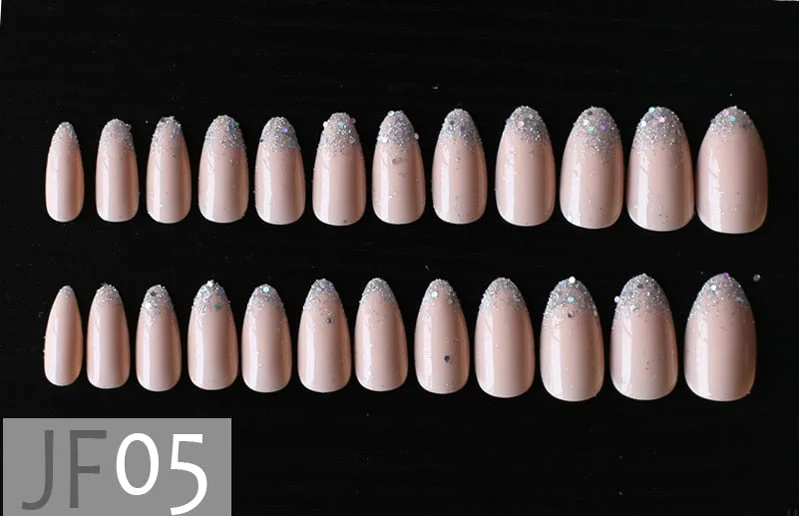 Square rectangular Natural acrylic false nails Ombre Glitter Beige Fake nails Art Golden glitter-Nail Inspo