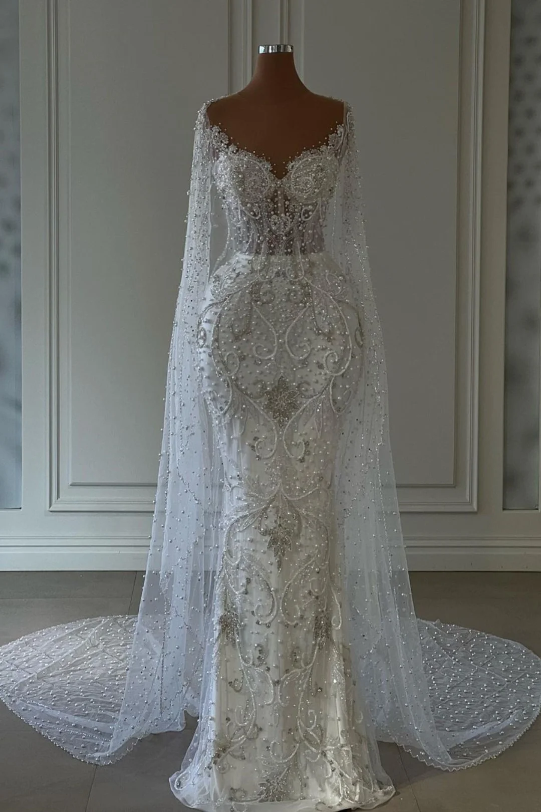 White Wedding Dress Long Sleeves Beadings Tulle YL0161