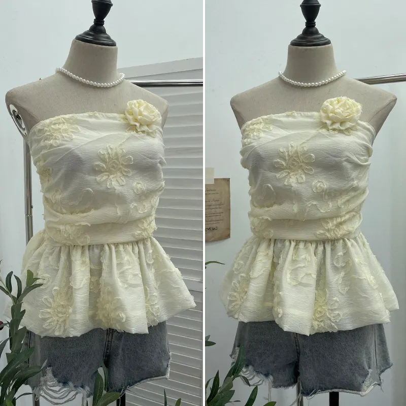 Uveng French Bud Ponp-Upple Sling Vest With Three-Dimensional Flowers Shoulder-To-Heart Thai Top 9205