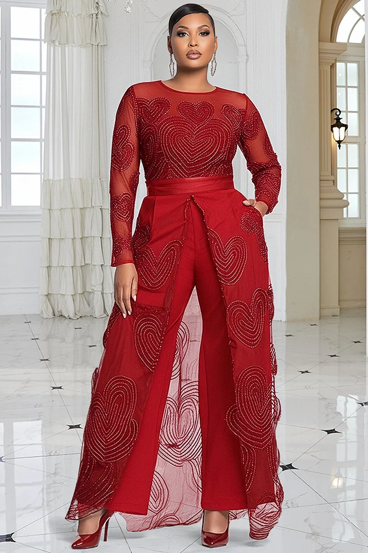 Xpluswear Design Plus Size Formal Red Round Neck Long Sleeve See Through Elegant With&nbsp;Skirt&nbsp;Overlay Jumpsuits 2024 - Xpluswear