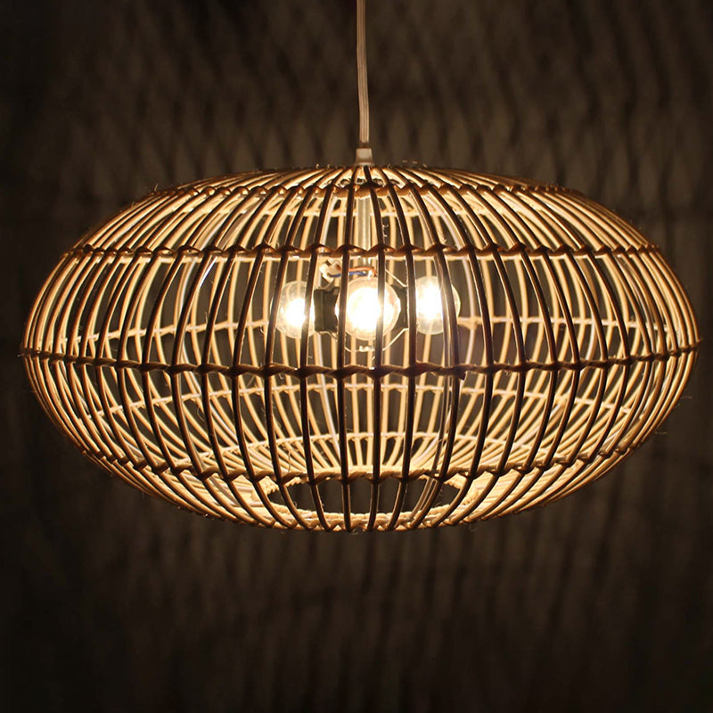Ellipse-shaped Rattan Pendant Light Handmade Three Light Rustic Lighting