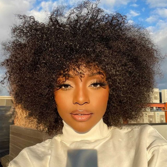 YVONNE Much Fuller 10 and 14inch 3A 3B Malaysian Curly Machine Wig with bang