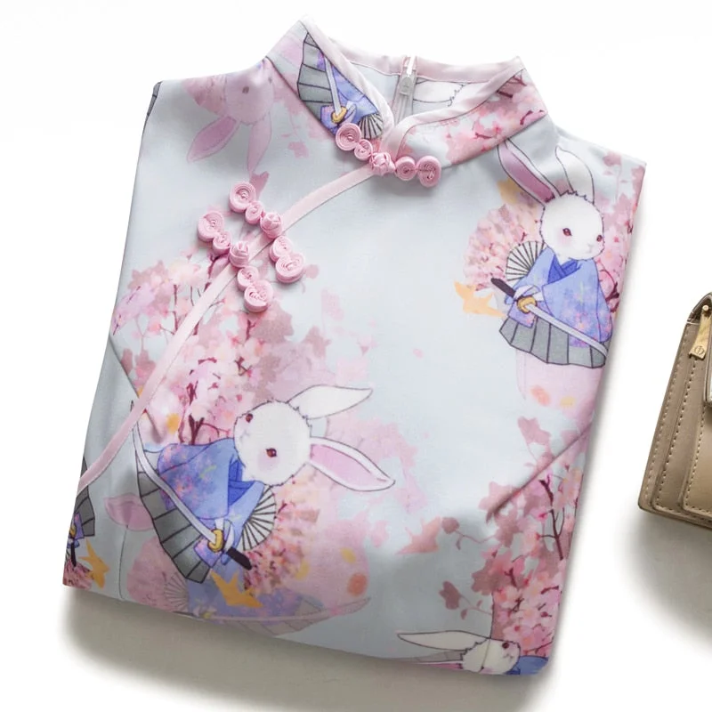 S-XXL Cute Anime Rabbit Cherry Blossom Pink Cheongsam Dress SP17031