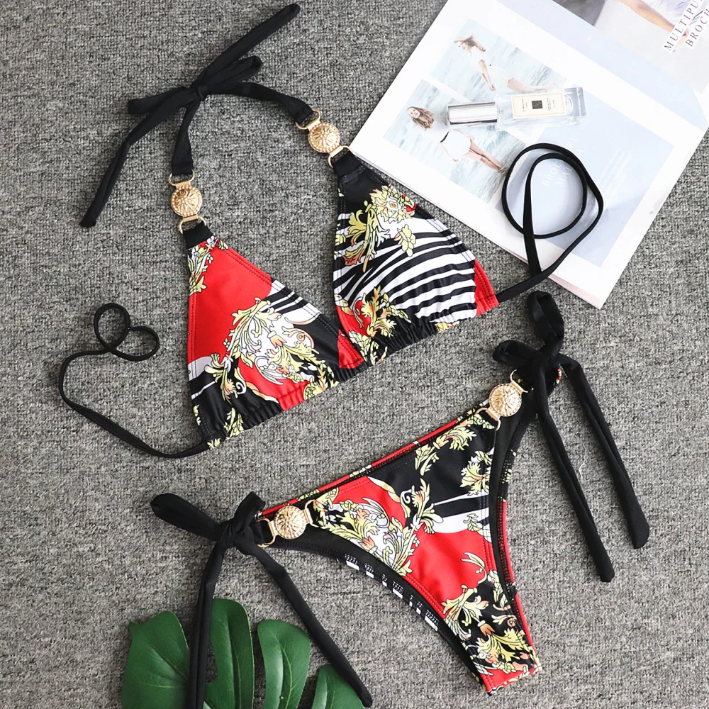 Uveng Uveng New Print Straps Women's Split Swimsuit Sexy Metal Accessories Bikini Swimsuit