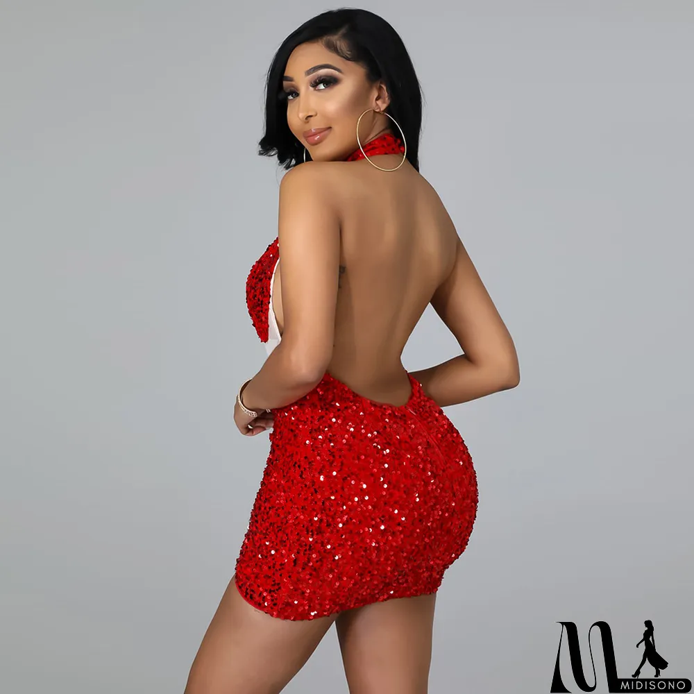 MidiSono - Hot Sale Hollow Fashion Sequin Sequin Halter Back Nightclub Dress