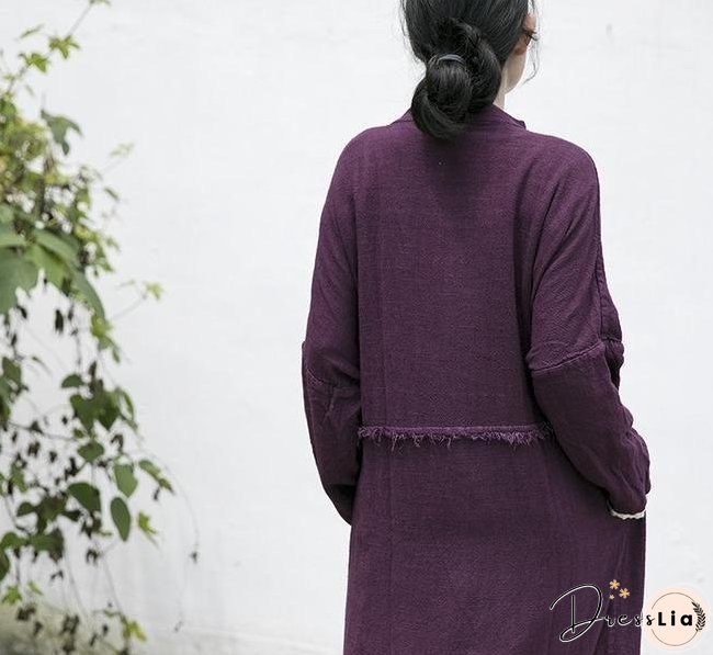 Women Loose Autumn Cotton Linen Ripped Retro Trench Coat Outerwear