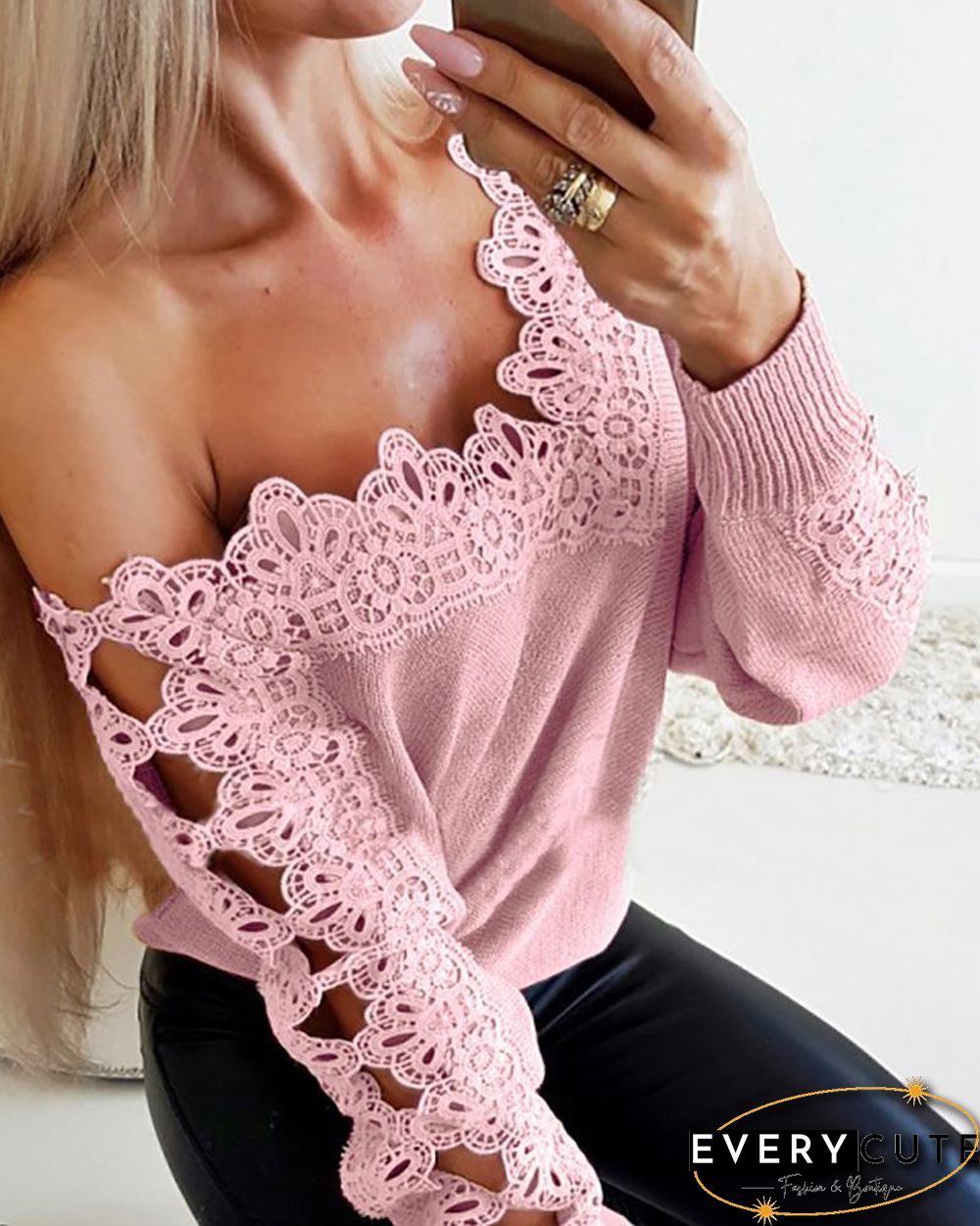Off Shoulder Hollow out Trim Blouse P13613