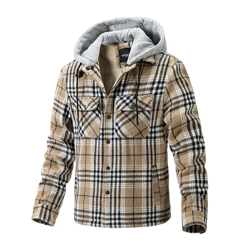 Men's Plaid Jacket Woolen Thickened Hooded Jacket