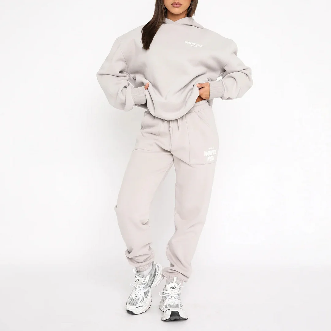 Fashion Sports LOGO Long Sleeve Pullover Hooded Sweatshirt Two Piece Set