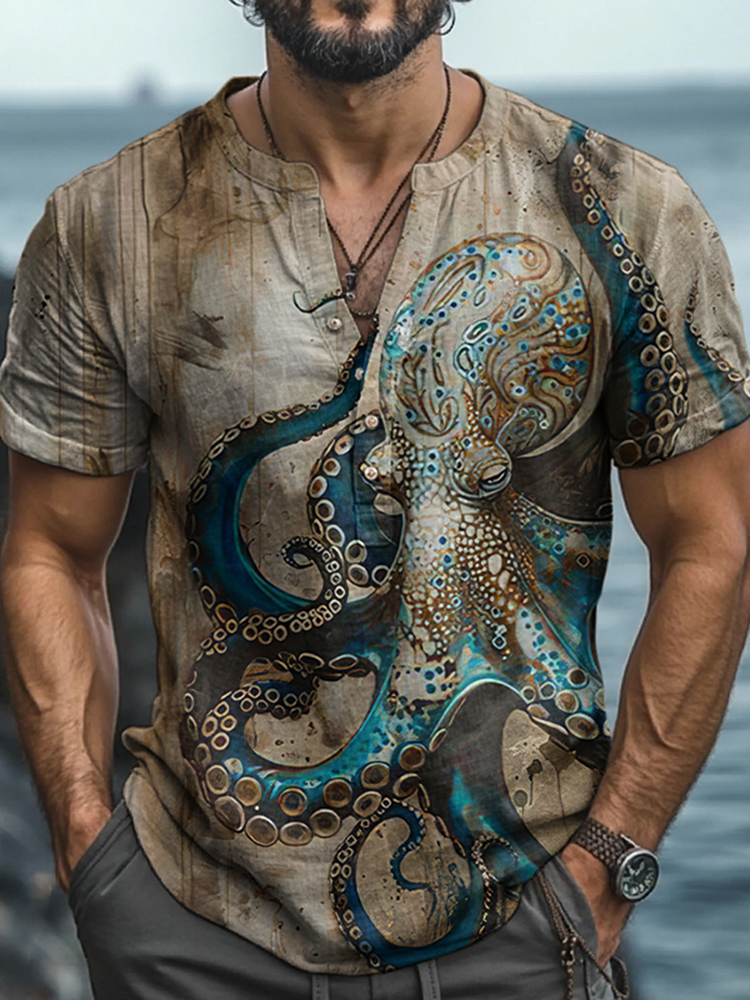 Comstylish Vintage Octopus Art Print Casual Shirt